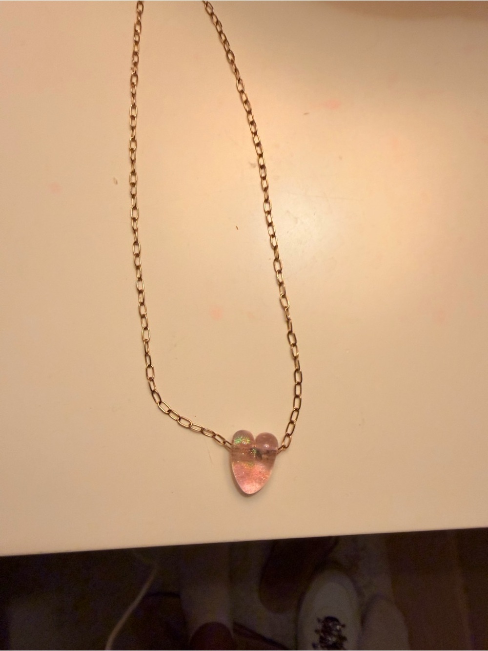 KK Buteau Gold Chain Necklace with Pink Iridescent Heart Pendant
